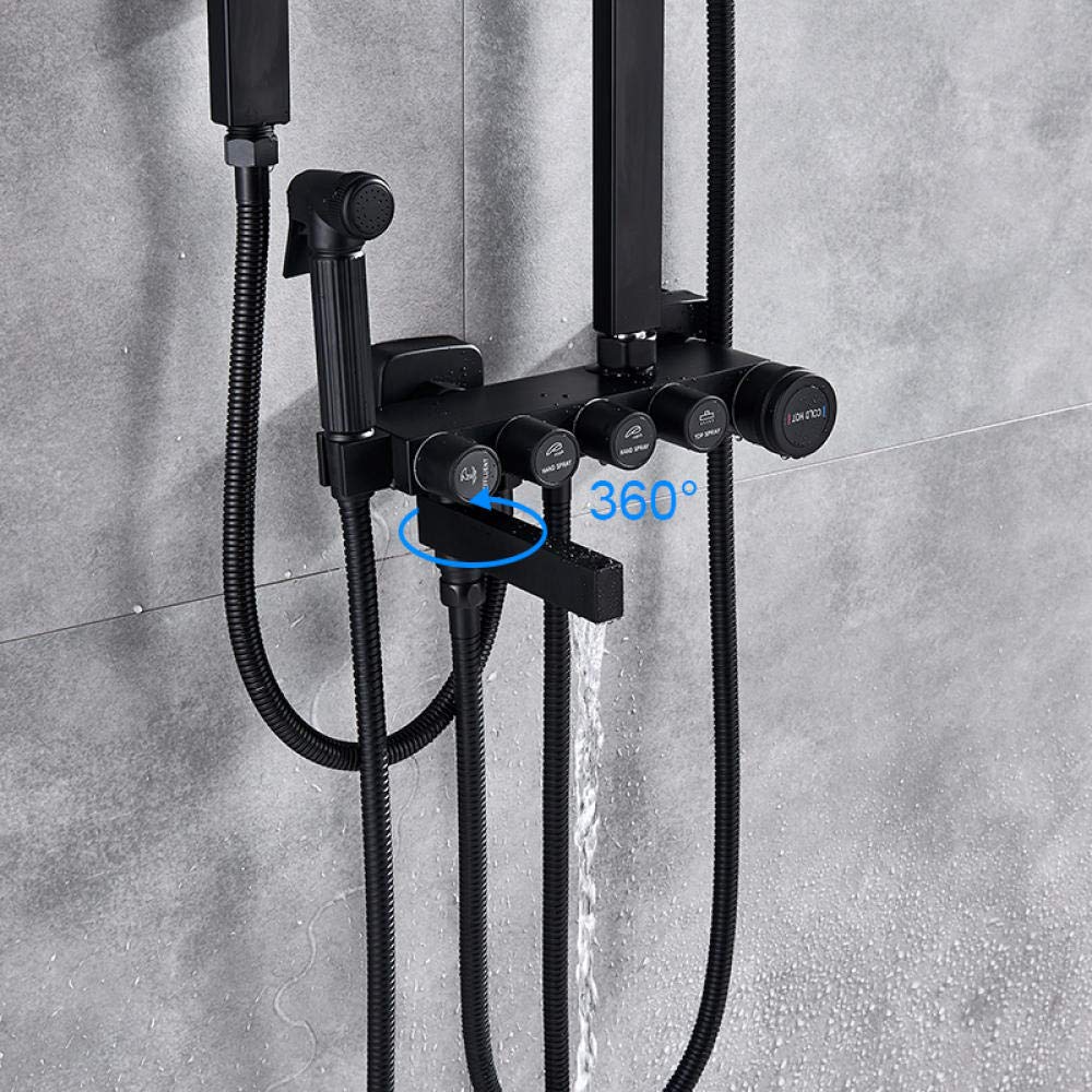Set di rubinetti per Doccia in Ottone, Miscelatore a 5 Vie con Pulsante di Controllo, getti idromassaggio Spa, Bidet, Set per Vasca, Nero Opaco (Nero Dorato)