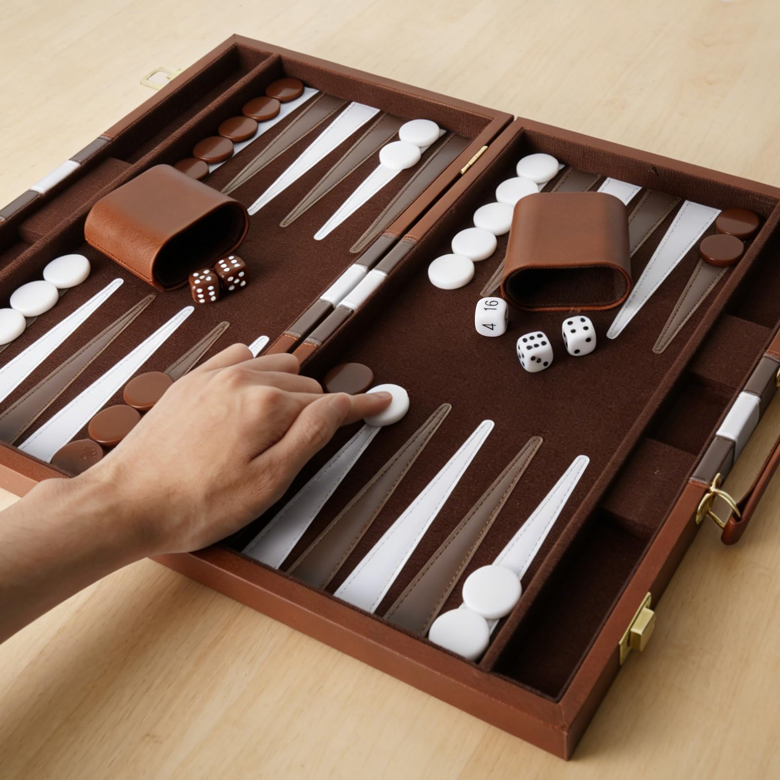 Backgammon, Backgammon Set 15 Pouces, Grand Jeu De Back-Gammon pour Adultes, Back-Gammon en Cuir véritable, Back-Gammon de Voyage, pour Les campeurs et Les Fans de Voyage (avec dés et doubleur)