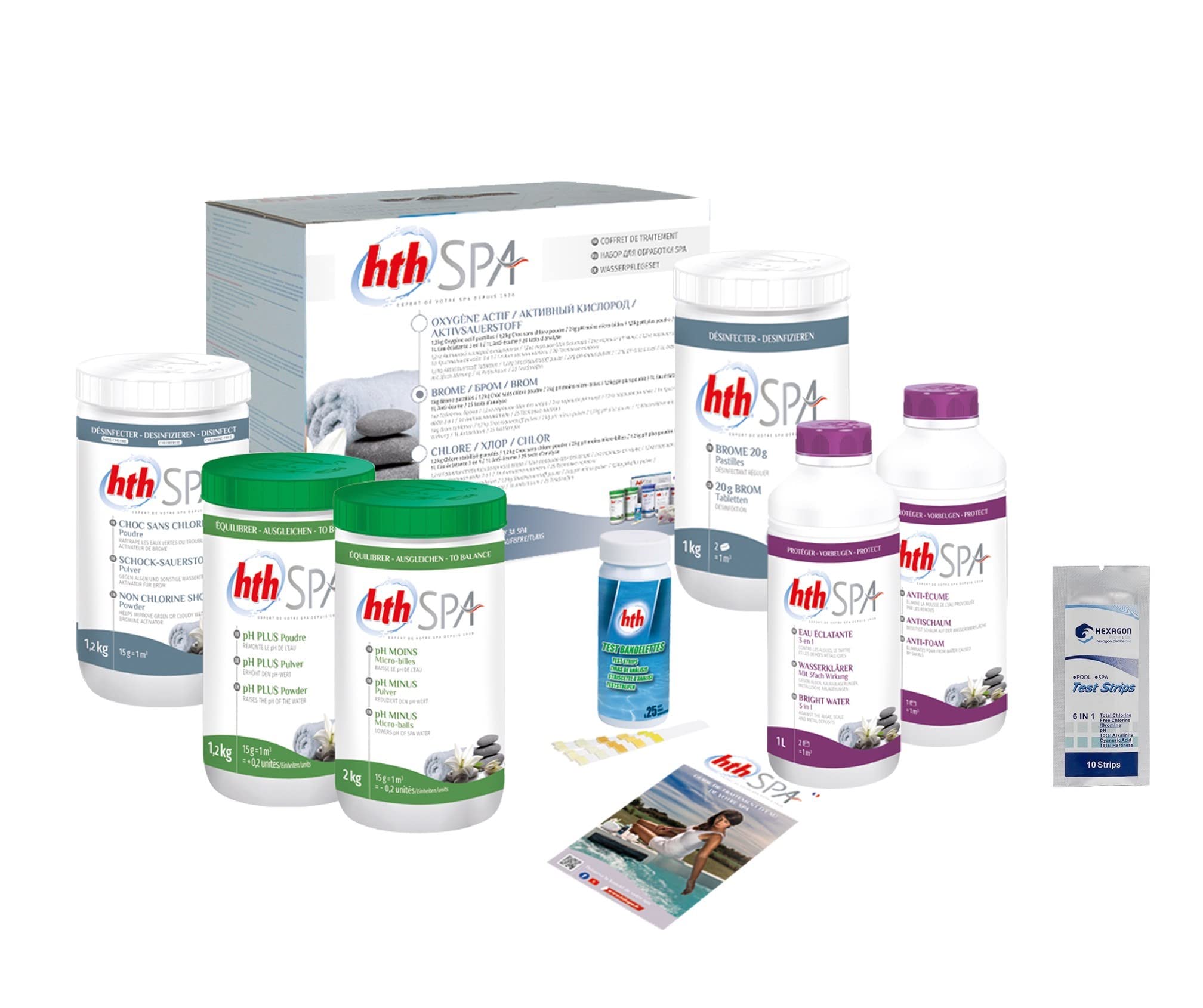 HTH Spa Coffret DE Traitement AU Brome - 7,4kg | Kit Traitement pour Un Entretien Complet - Désinfection Régulière et Choc sans Chlore + 10 Tests HPS OFFERTS 6 en 1