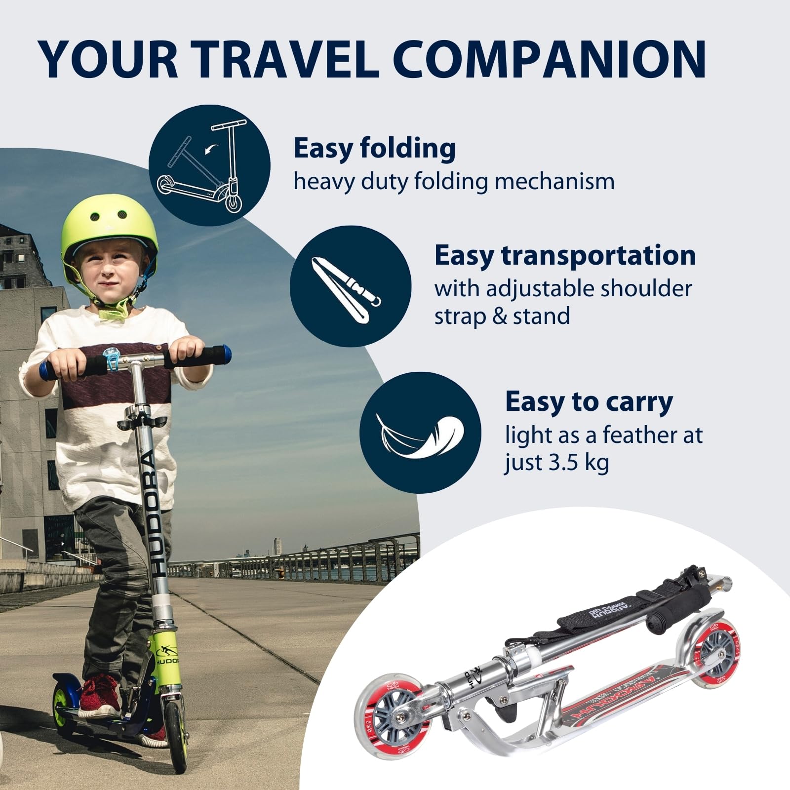 Hudora BigWheel hulajnoga 125 – bezpieczna hulajnoga aluminiowa dla dzieci – regulowana wysokość i składana hulajnoga miejska do 100 kg – stabilna hulajnoga z paskiem do noszenia