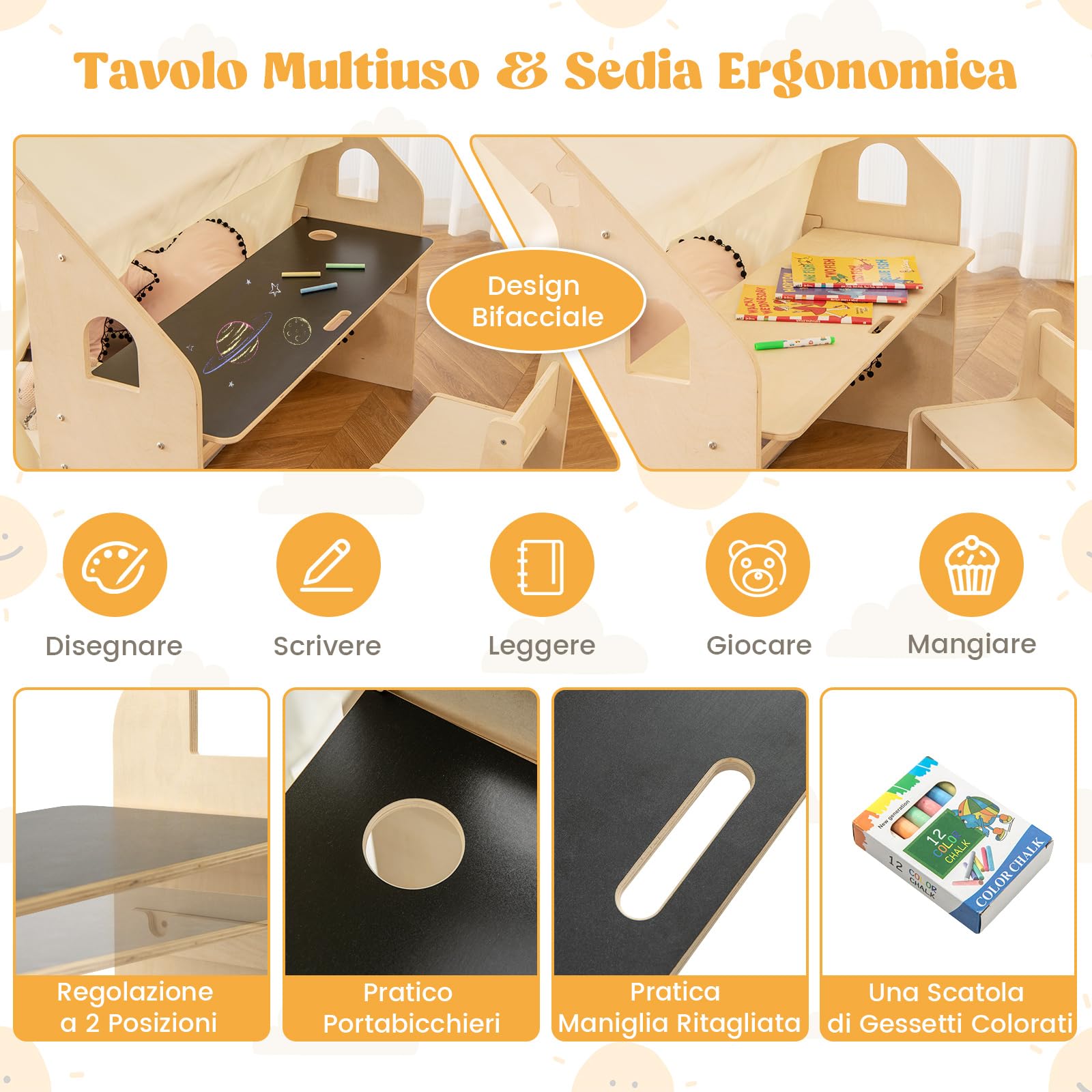 GYMAX 6-in-1 Tenda da Gioco per Bambini, Tenda Giocattolo in Legno con Tappetino, Scrivania, Sedia, Cesto e Tappetino, Tenda da Gioco Montessori per Bambini (Beige, 97.5 x 141 x 113CM)