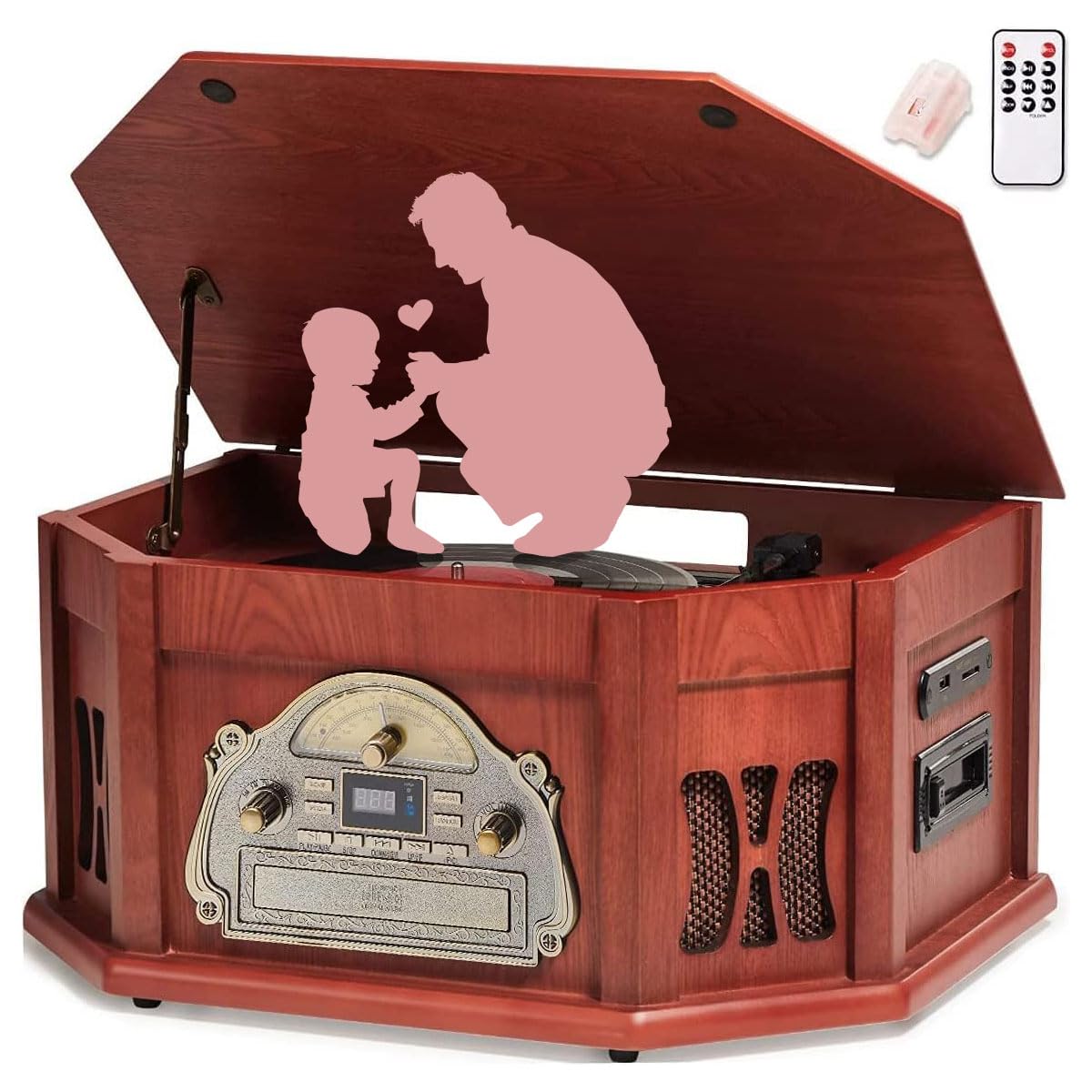 10-in-1 Wood Classic Turntable Stereo System with Bluetooth Connection, Vinyl Record Player, AM/FM, CD, Cassette, USB, SD Slot. 2 Built-in Speakers, Remote Control, MP3 Player, Espresso