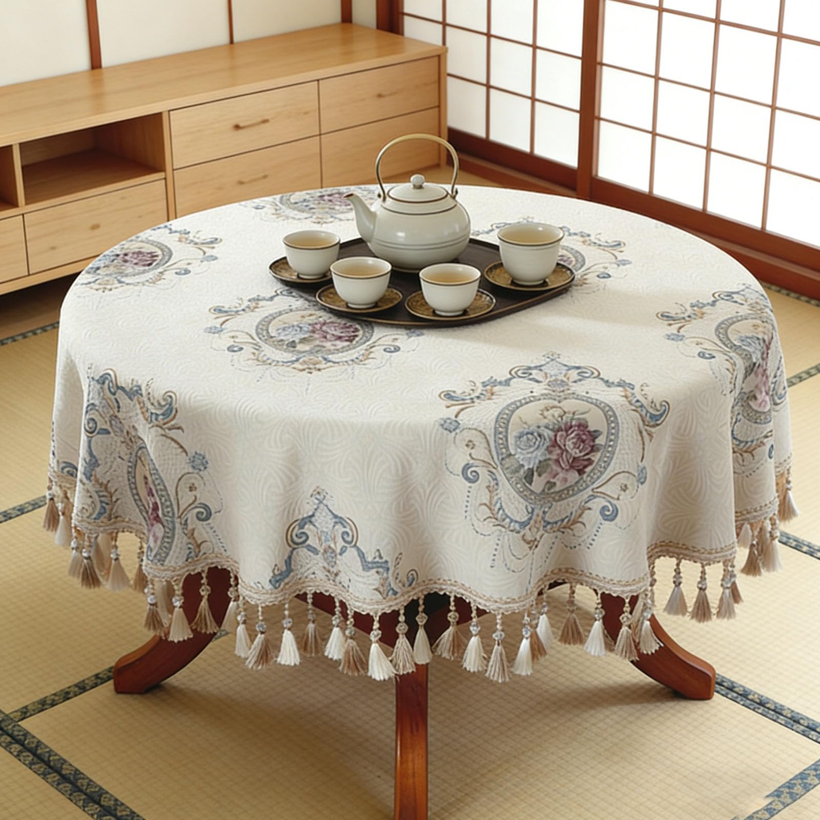 Tovaglia rotonda retrò europea da 120 cm, con nappe e bordo intrecciato, per matrimoni, banchetti, riunioni e uso domestico (160 cm)