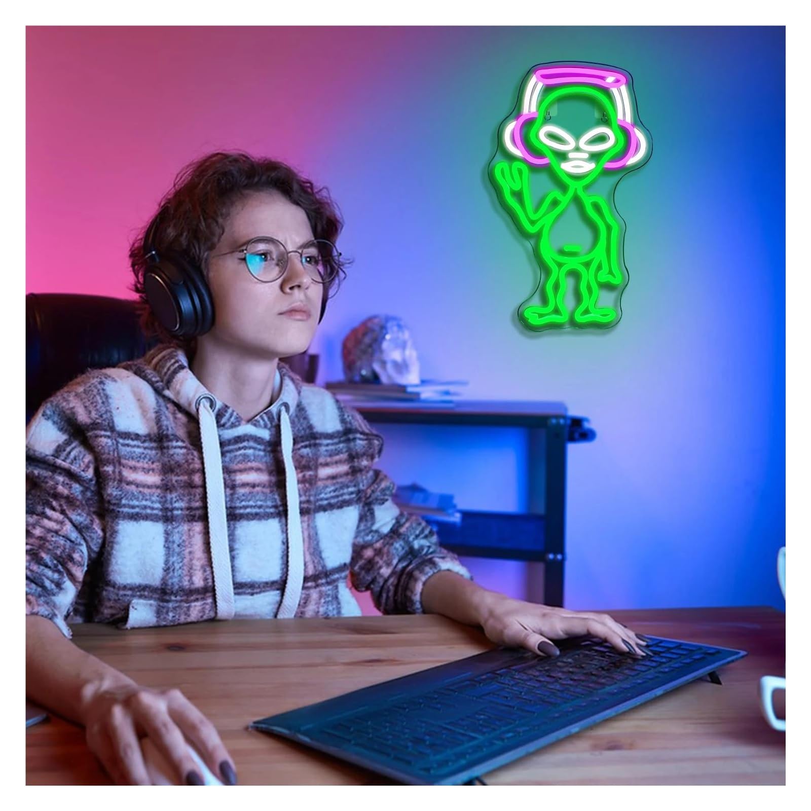 Wiszące neony artystyczne Muzyka Alien Neon LED Light Do Dekoracji Ścian Do Pokoju Gier Pokój Hip-hopowy Impreza Klub Muzyczny Zasilany Przez USB Podświetlany 24.5cmx41cm