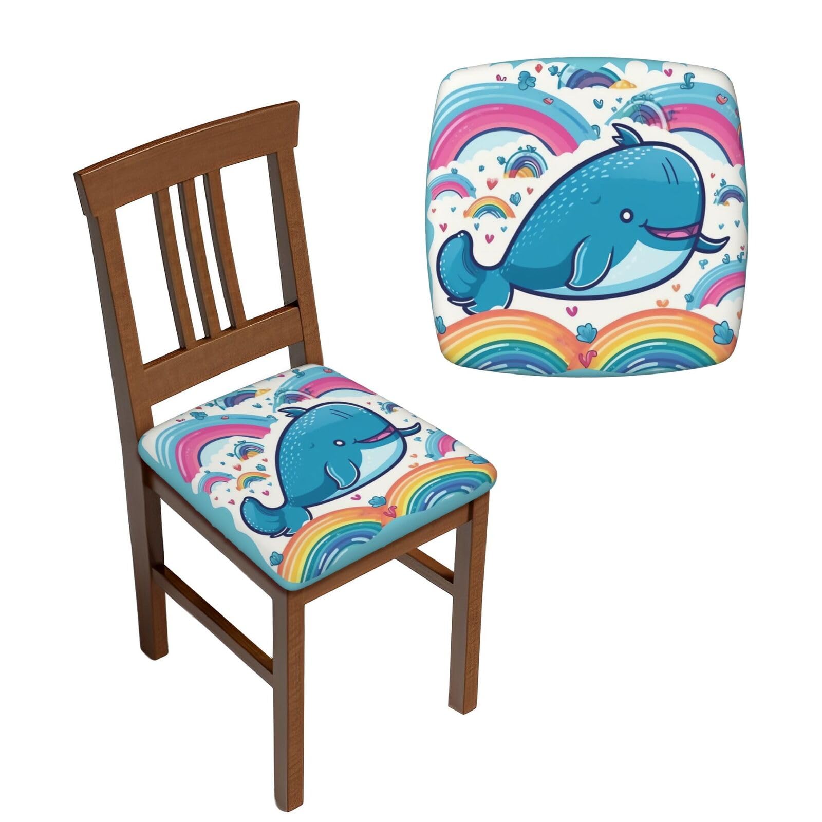 NONHAI 6PCS Dining Chair Seat Covers Set Cartoon Whale and Rainbow Stretch Removable Chairs Covers Washable Seat Cushion Slipcovers Protector for Dining Room Kitchen Chairs