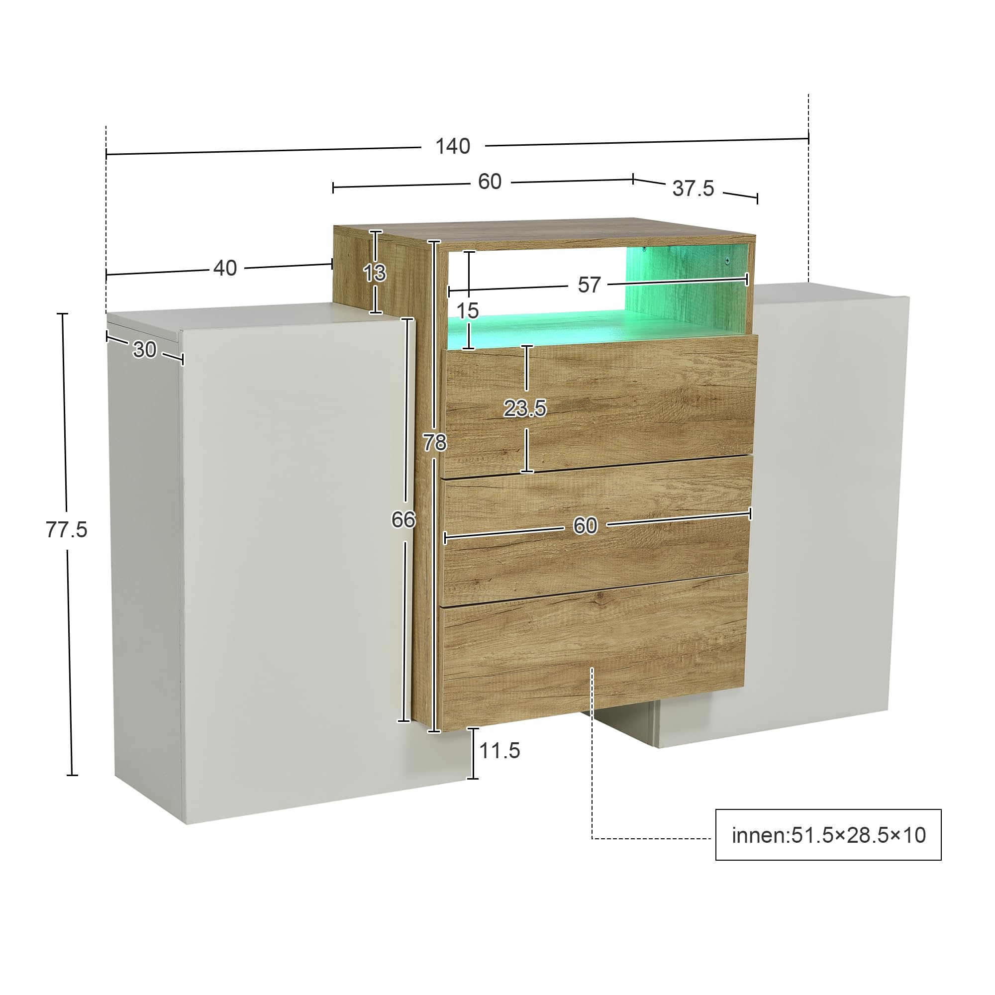 BTM Sideboard, 140 Kommode LED mit 3 Schubladen & 2 Türen, Moderne Glänzend Schrank Wohnzimmer, Hohe 140x30x90 cm, Weiss & Holz