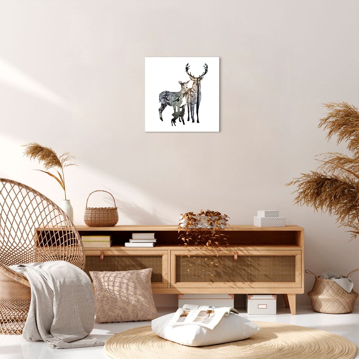 Cuadro Decorativo Sobre Lienzo 50x50 Cm - Motivo De Ciervos Familia Salvaje, Listo Para Colgar, Ideal Para Salón O Dormitorio