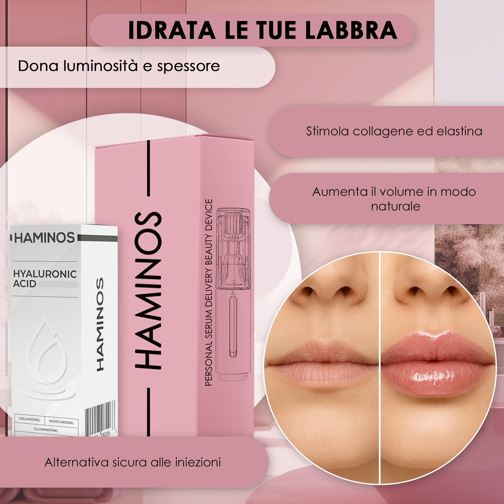 HAMINOS Derma Roller 0,25 mm con Siero Acido Ialuronico per Donne, Microneedle Roller con Serbatoio, Applicatore Siero per Labbra Idratate, Lisce e dall’Aspetto Più Voluminoso
