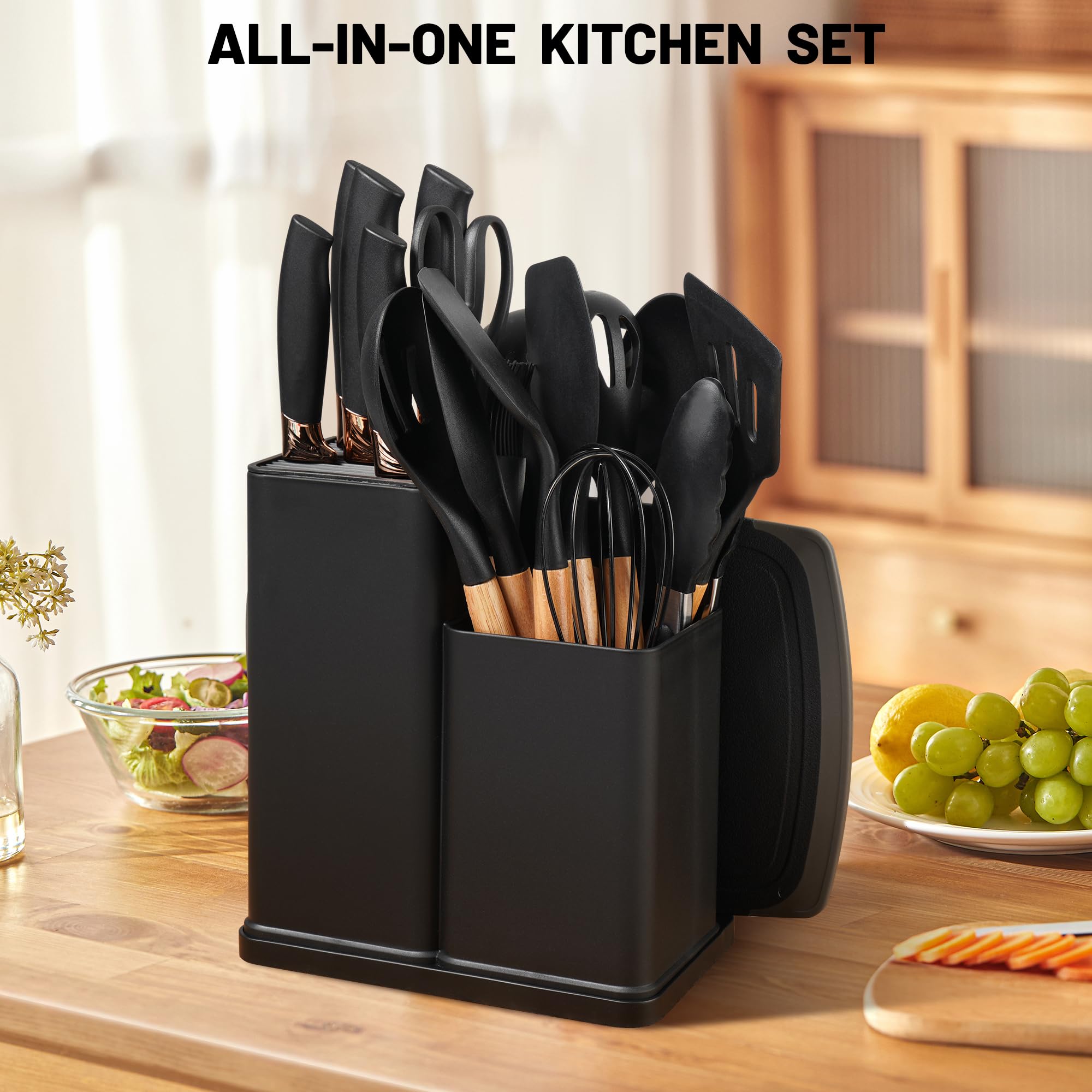 Vortix Küchenhelfer Set, 19 Teiligs Küchenutensilien Mit 5 Teiligs küchenmesser set mit block und Pfannenwender Silikon mit Hitzebeständiger Holzgriff, Schwarz