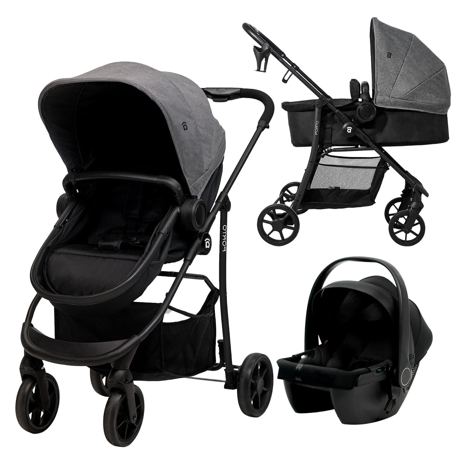 Asalvo PORTO Trío Convertible Cochecito Bebe 3 Piezas, Plegable, Compacto y Reclinable Silla de Paseo, con Silla Coche Bebé, Accesorios, Silla Reversible, Amplio Capazo, Antracita Gris