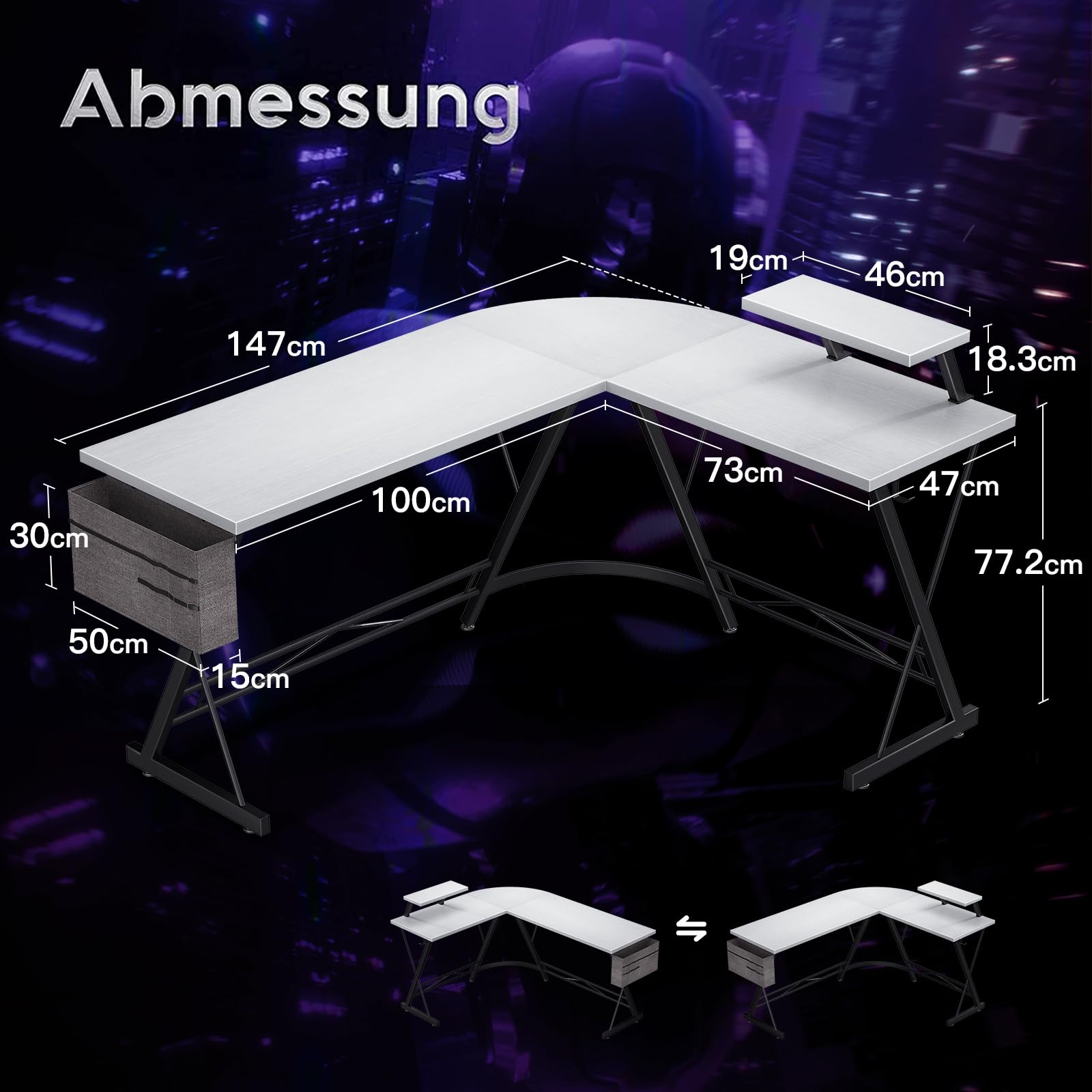 ODK Scrivania Gaming con Supporto per Monitor, Scrivania Gaming Angolare a L con Porta Cuffie per Gamer Bianco 147x120cm