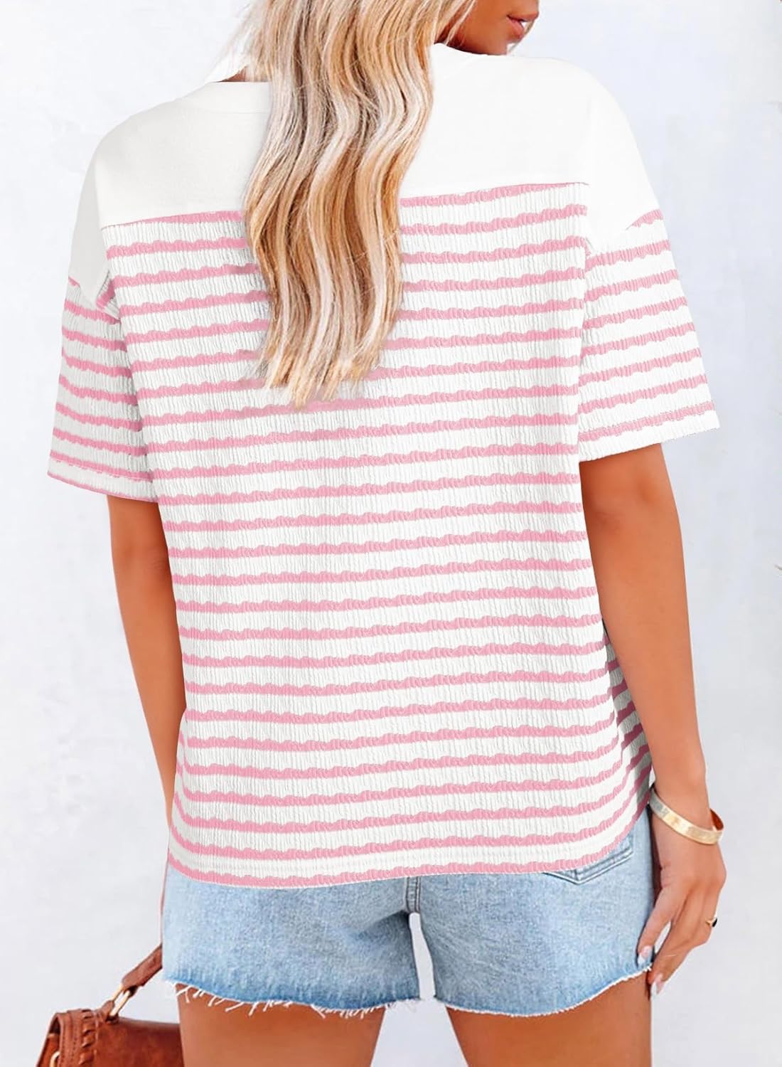 Dokotoo Women's Tops Summer Casual Short Sleeve Shirts V Neck Striped Color Block T-Shirts Blouses - Image 3