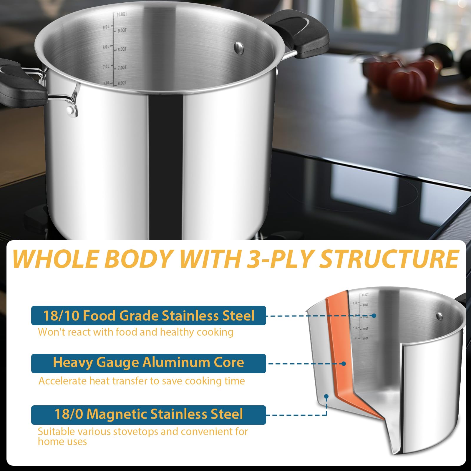 HaWare Olla grande de acero inoxidable de tres capas de 10 L y 25,5 cm para cocinar pasta y sopa de sopa, apta para inducción/electricidad/gas/cerámica, mango resistente al calor y tapa transparente,