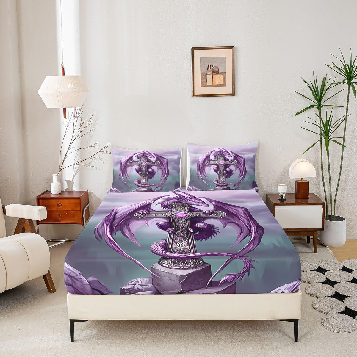 Gohtic Dragon Fitted Sheet Full Size Western Magical Animal Bedding Set 3Pcs(No Flat Sheet) Dreamy Gradual Clouds Bed Sheet for Boys Girls Teens Room Decor Fantasy Style Dragon Deep Pocket Sheet