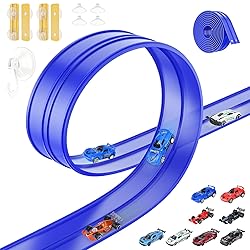Flexible Race Car Track for Kids, Compatible with Hot Wheels and 8 Diecast 1/64th Cars, Flex Track 15 Ft Starter Set for Ages 3 4 5 6 7 8, Christmas & Birthday Gift for Boys and Girls (Blue)