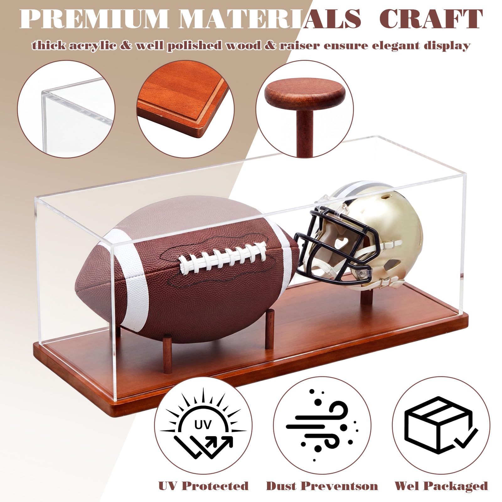 Taiyin Mini vitrina para casco de 18.4 x 6.7 x 6.9 pulgadas, caja transparente acrílica con base de madera con protección UV, no requiere montaje para recuerdos de fútbol de tamaño completo, diseño
