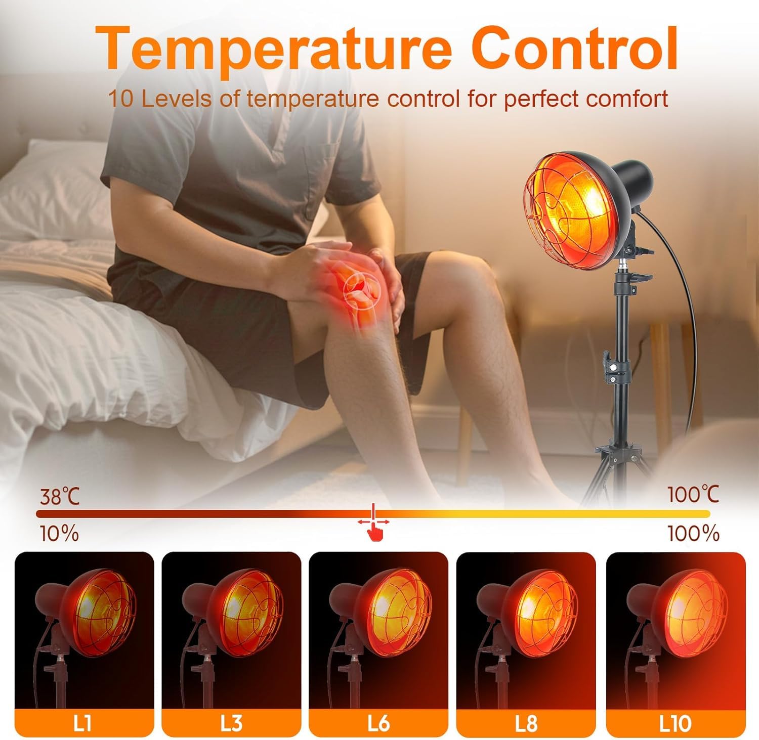 Lámpara infrarroja 150W, temperatura ajustable | Calor 30–60°C, +50% penetración, 10 niveles, temporizador 5–60 min, altura 58–116cm