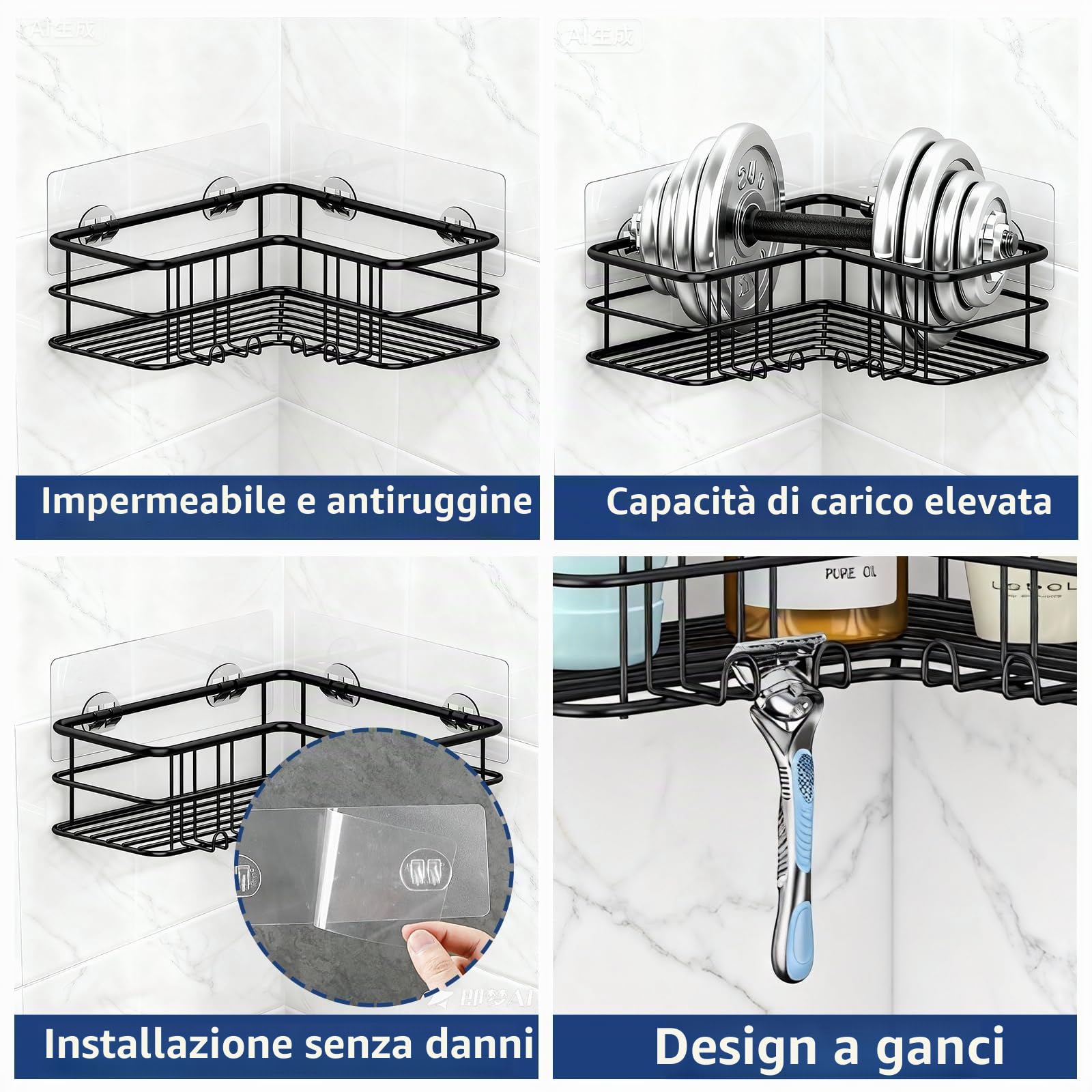 Menbyci Confezione da 2 mensole angolari per doccia, mensole adesive da bagno con ganci, in acciaio inossidabile 304, resistenti alla ruggine, organizer per accessori da bagno, scaffale per shampoo,