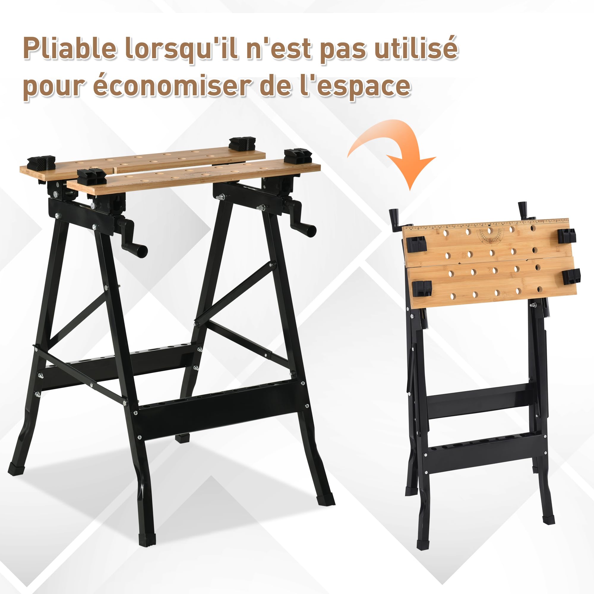 HOMCOM Établi Pliant établi de Serrage avec 4 Serre-Joints Table de Travail chevalet de sciage, Charge 150 kg, Structure en Acier, Plan de Travail pour Chantier Atelier Garage, 63,5x60,5x78cm, Noir