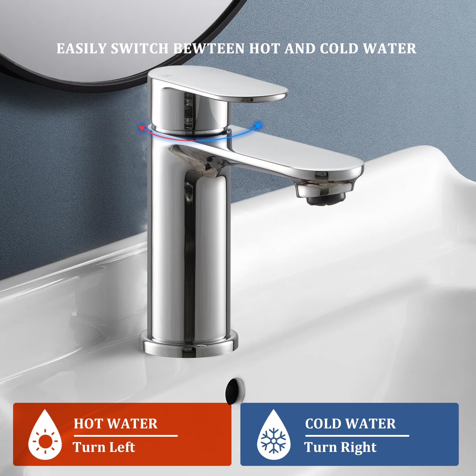 072CR - Grifo de baño con desagüe, grifo mezclador monomando de latón monomando moderno con tapón para fregadero (plata)