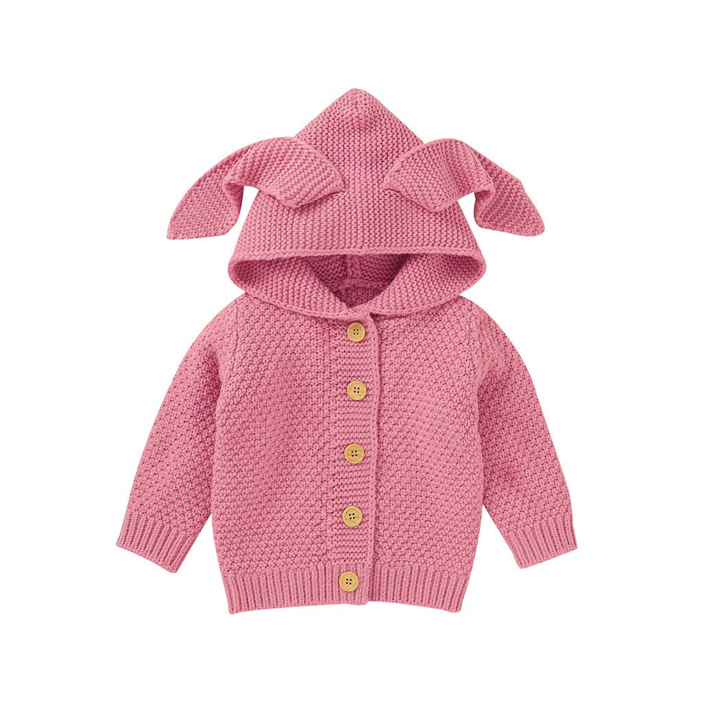RNTOP Baby Boys Girls Sweater Cardigans Toddler Button Solid Color Long Sleeve Hooded Knit Sweater (Pink, 12-18 Months) m4t