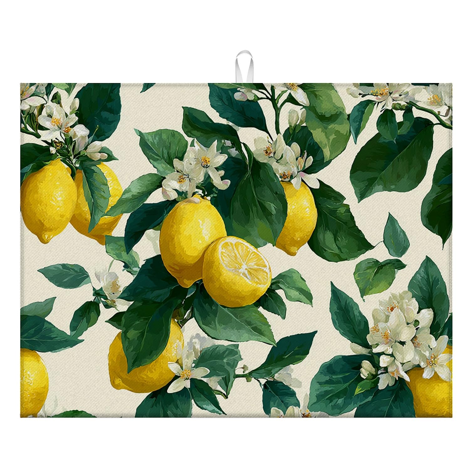 Kitchen Drying Mat 18x24 in Decorative Coffee Bar Mat for Kitchen Counter, Absorbent Dish Drying Mat with Pattern Kitchen Decor Countertop Protector for Coffee Station Sink Area-Lemon