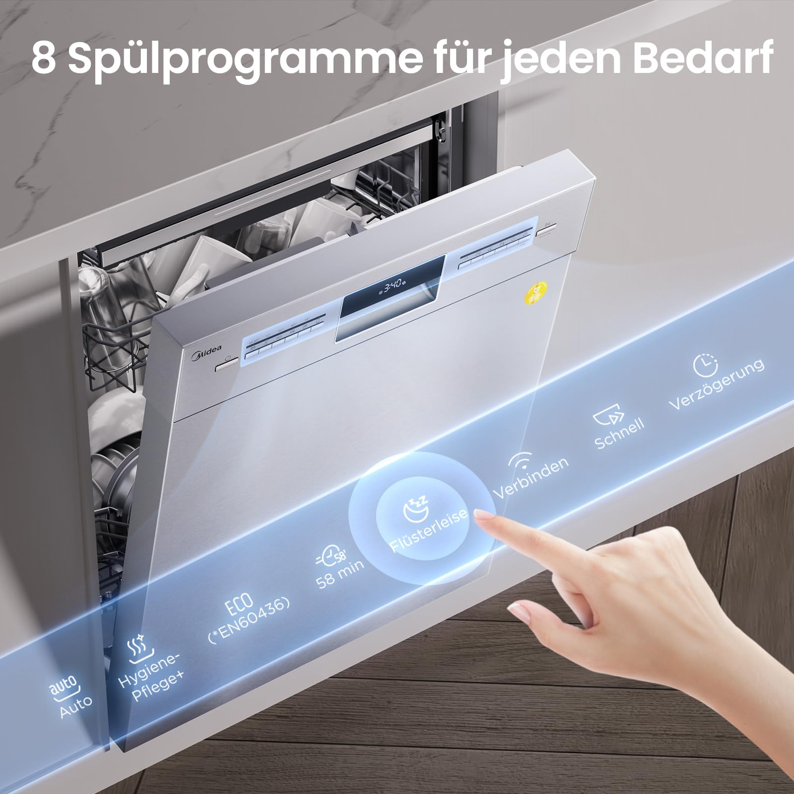 Midea Geschirrspüler 60cm Unterbau 14 Maßgedecke Teilintegrierbar mit WiFi Extra Trocknung 42dB Inox