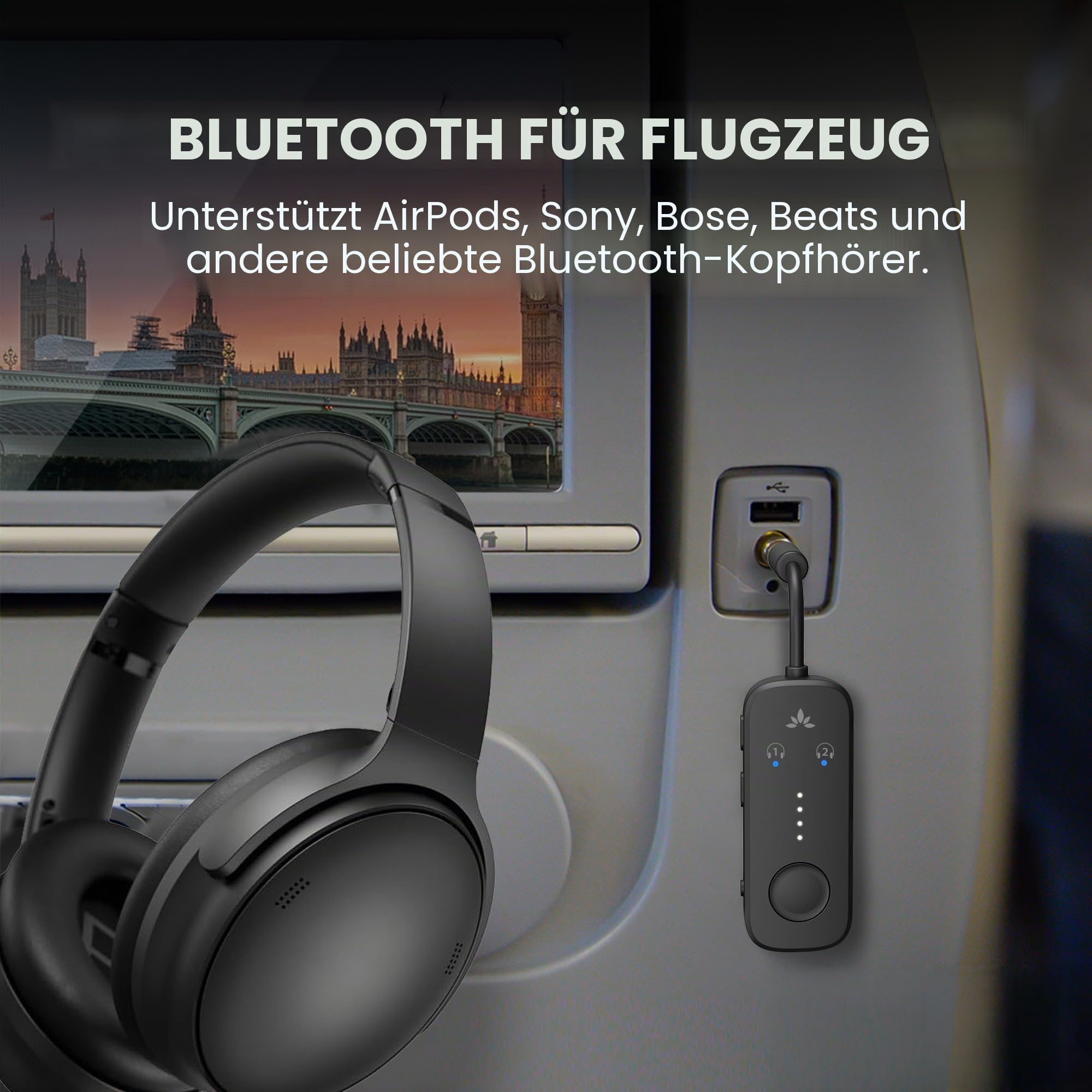 Avantree Relay – Bluetooth 5.3 Adapter für Flugzeug mit Qualcomm aptX Adaptive, für 2 AirPods oder Kopfhörer, 20 Std. Wiedergabezeit, 3,5mm AUX Klinke Transmitter Sender für Reisen, Fitnessstudio