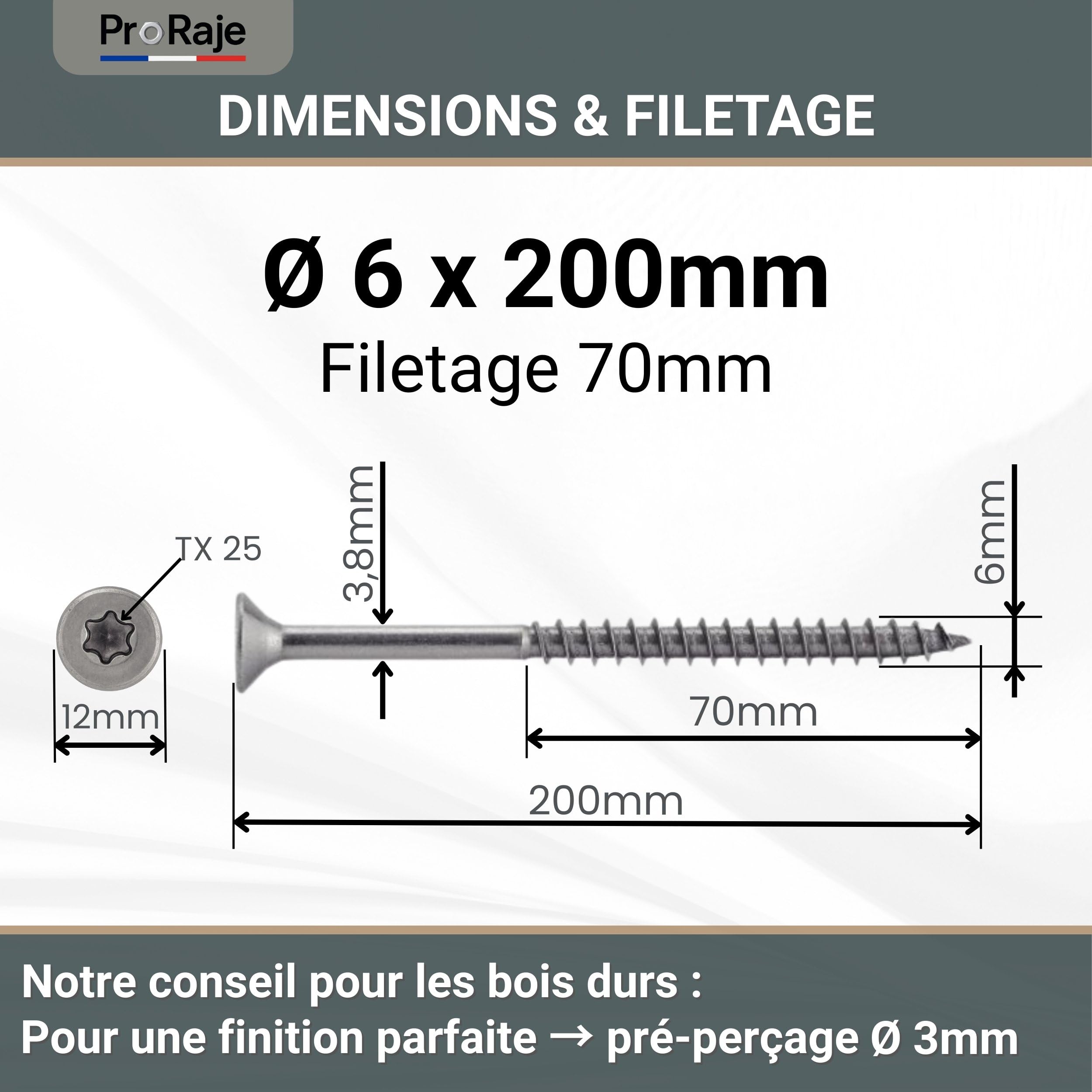 Tornillos para madera INOX A2: 6 x 200 mm (rosca de 70 mm) | Cabeza avellanada huella TORX (TX) | Acero inoxidable A2 (V2A / AISI 304) | construcción/aglomerado/terraza/etc: Lote de 100 unidades