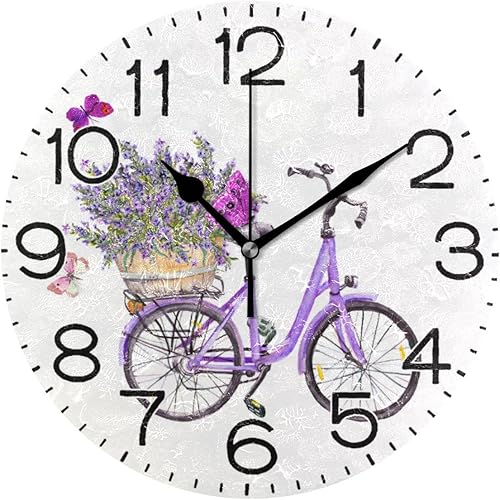 Reloj de pared con diseño de mariposas y flores moradas, color violeta, funciona con pilas, sin tictac, de cuarzo silencioso, analógico, rústico, Reloj de pared con diseño de mariposas y flores moradas, color violeta, funciona con pilas, sin tictac, de cuarzo silencioso, analógico, rústico,