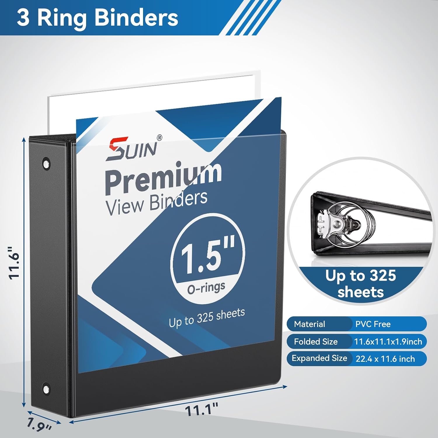 SUIN Durable 1.5 Inch 3 Ring Binder, 10 Pack Black Round Ring Binders for 8.5 x 11 Paper, Clear View Cover, 325 Sheet Capacity, Inner Pockets, PVC Free Office School Supplies image 2