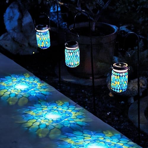 Miniatura 5 de Cooo Faroles solares de mosaico para exteriores, impermeables, colgantes, paquete de 2 luces de mosaico, pasta de mano, 141 mosaicos de cristal,