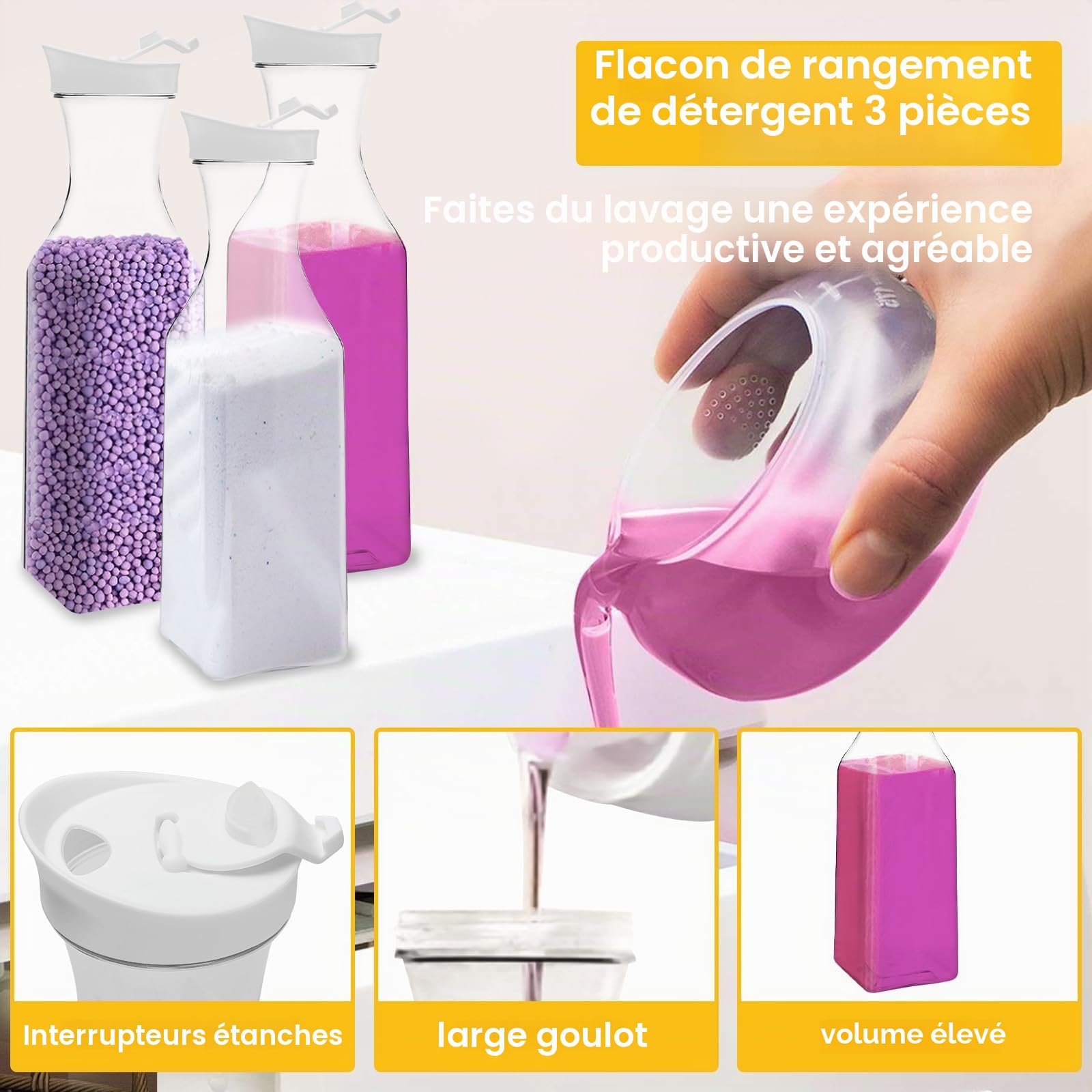 3 Pcs Distributeur de Détergent à Lessive,1.5L Distributeur Lessive Liquide, Boîte de Rangement de Détergent à Lessive pour Le Stockage de Détergent Liquide, 9 x 9 x 31.74 cm