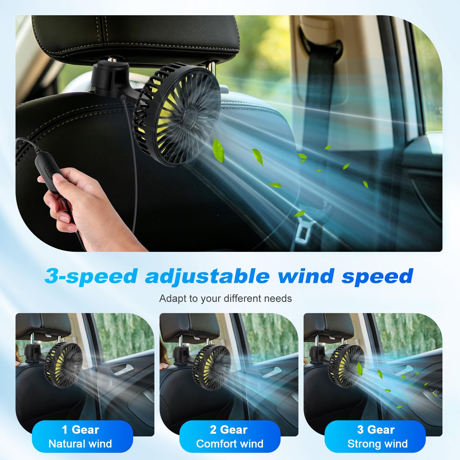 Foreverup 12 V Ventilateur de Voiture, Ventilateur de siège arrière pour 3 Vitesses Réglables, Ventilateur USB pour Voiture Avec cinq pales de ventilateur，Silencieux pour SUV RV Bateau, Noir