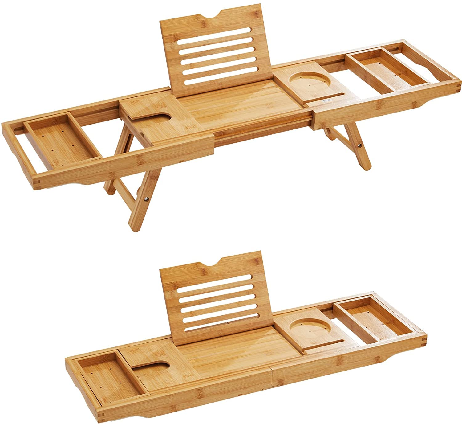 Mantraraj Brown Bathtub Tray Bath Caddy Breakfast Tray Natural Bamboo Wood 2 In 1 Bath Tub Tray - Bamboo - 1