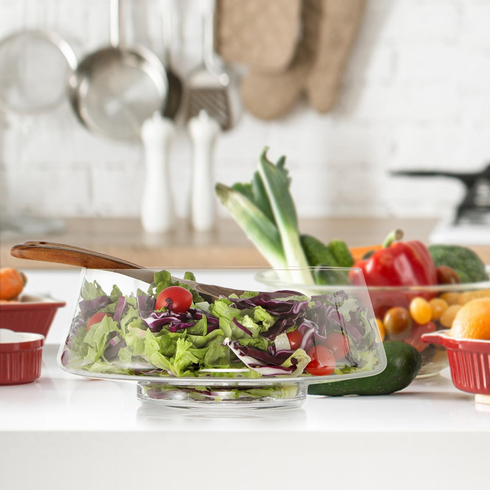 MOLIGOU Ensaladera de cristal, cuenco de ensalada con utensilios para servir, cuenco grande de 168 onzas para servir ensalada para fiestas