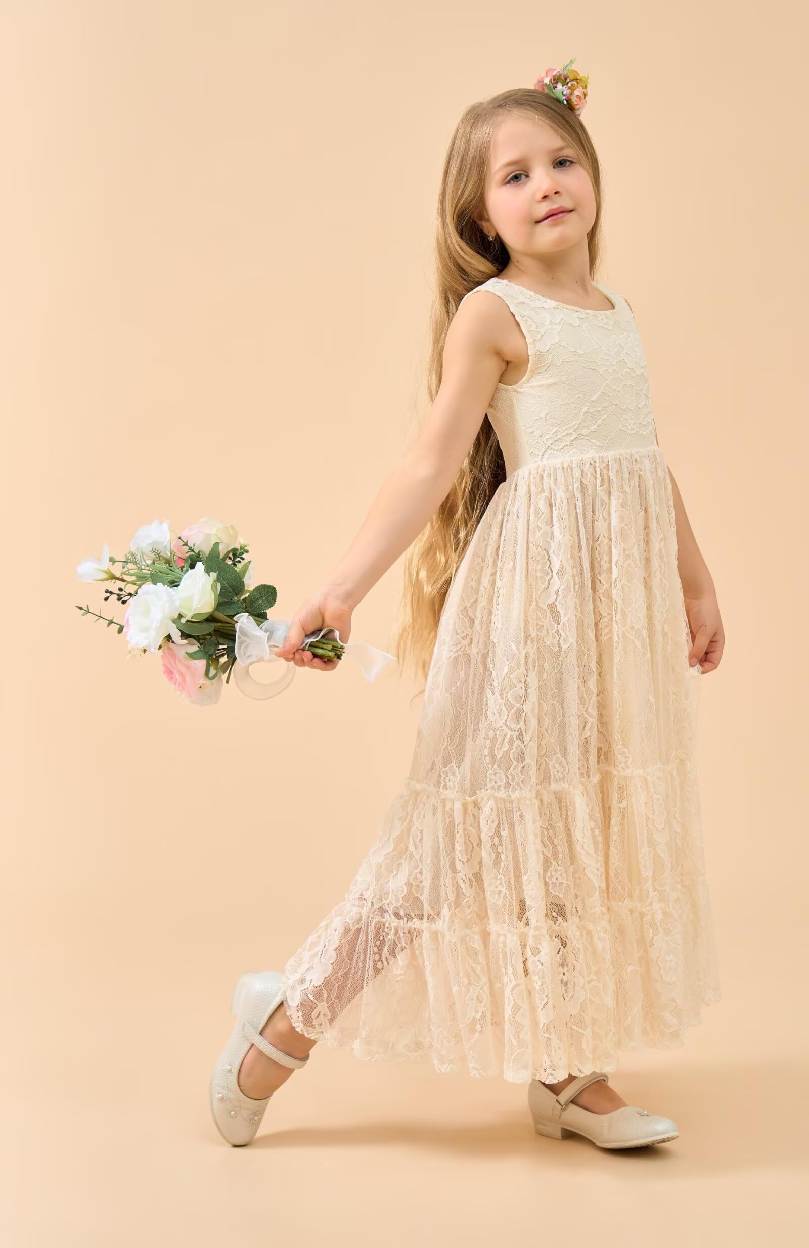 Snapklik.com : Flower Girl Dress Lace Boho Toddler Dresses Ruffle Girl Dress  For Wedding Garden Party Holiday Communion Sleeveless Ivory-4 Years
