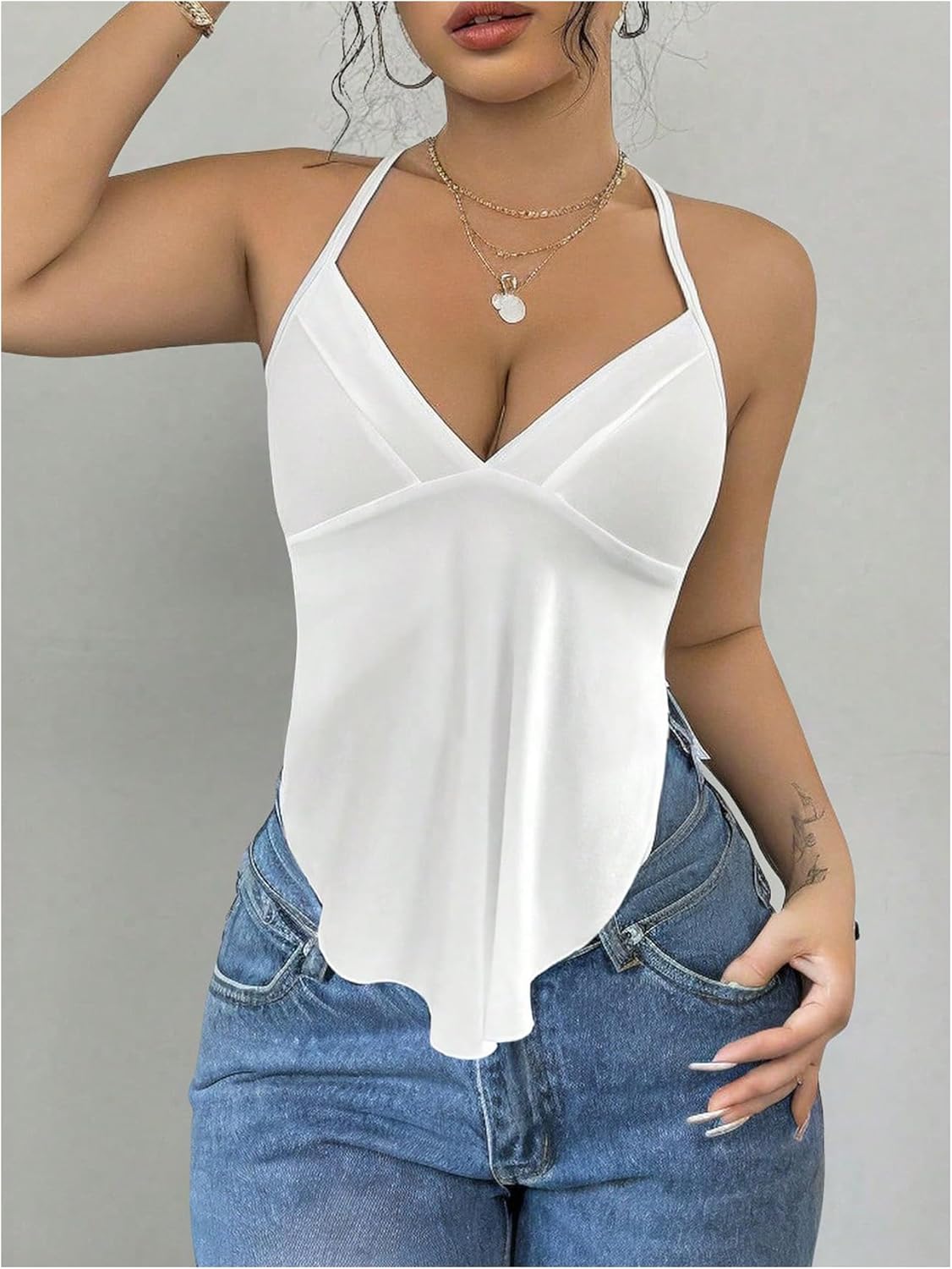 MakeMeChic Women's Deep V Neck Backless Cami Sleeveless Criss Cross Strap Tank Top Halter Tops - Image 3