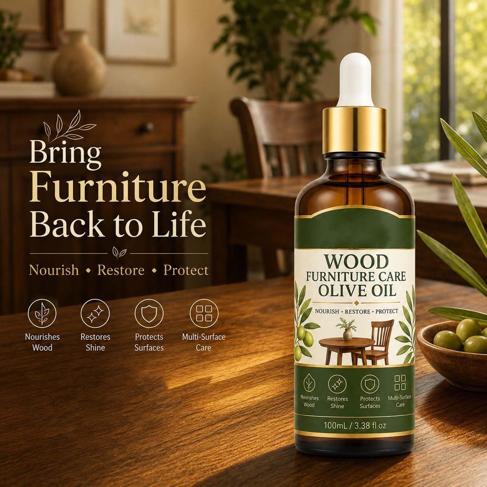Olio nutriente idratante per la cura dei mobili in legno con oli d'oliva, olio essenziale per la cura dei mobili, lucidante e detergente per mobili, balsamo rivitalizzante e protettivo e spray per
