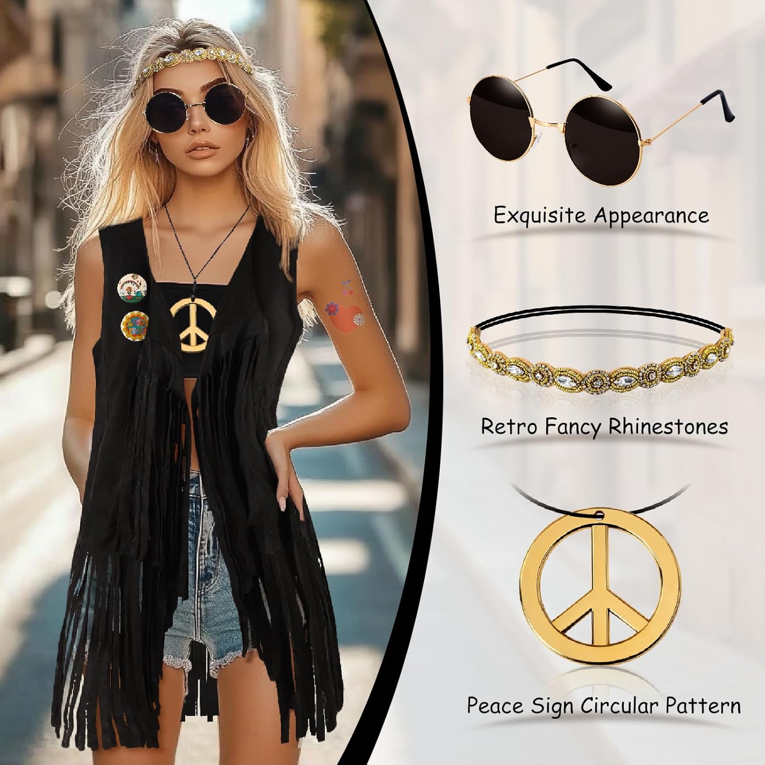 60s 70s Outfits for Women Hippie Costume Clothes Set 70s Costume Tops Women Fringe Hippie Vest for Halloween - Image 3