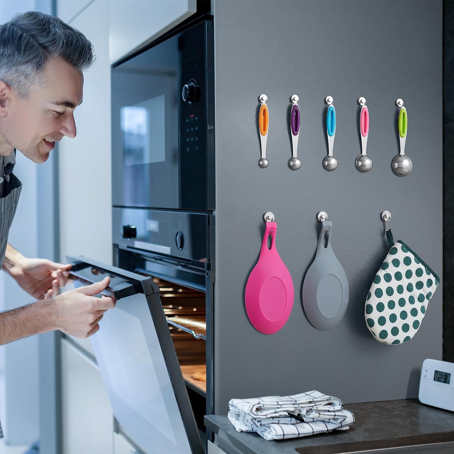 BTLIN Mini Magnetic Hooks, Strong Neodymium Magnet with Hook, Heavy Duty Small Metal Hanging Hook Max Load 18 lbs for Kitchen Fridge Grill Office 12 Pack - Image 5