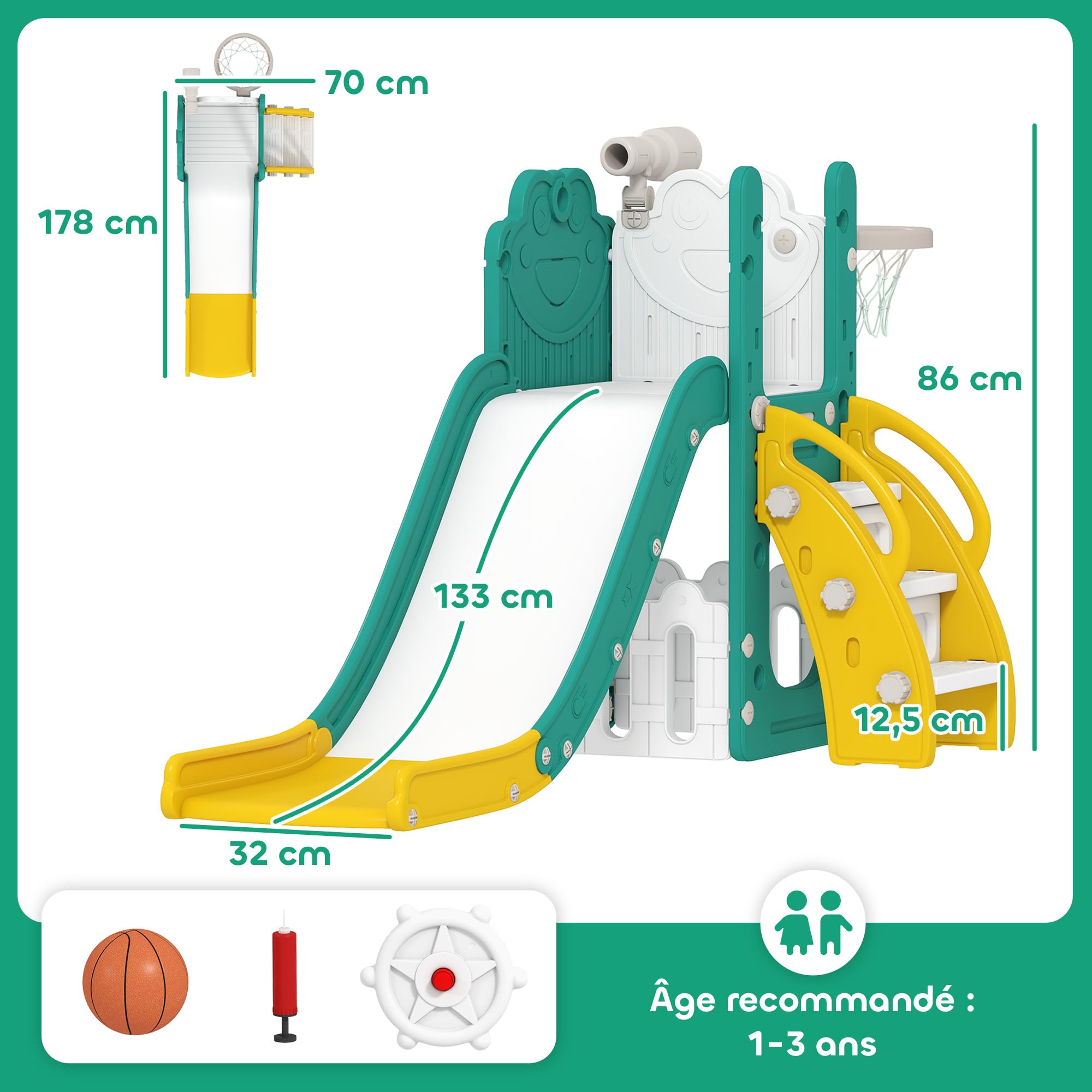 AIYAPLAY Toboggan pour Tout-Petits 5 en 1 avec Panier de Basket, Jaune | Toboggan Autoportant pour Enfant, Centre d'Activités pour Aire de Jeux, Structure d'Escalade, Télescope, Boîte de Rangement