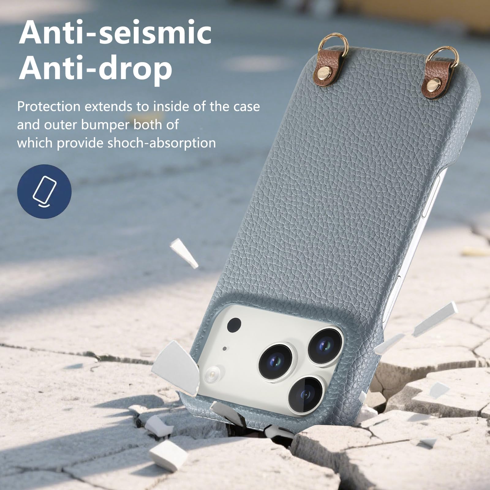 Cienkie etui do iPhone 17 Pro Max / 17 Pro / 17 Air/17, skórzane etui z wzorem liczi, z paskiem na ramię, odporne na odciski palców, odporne na zarysowania, niebieskie, 17 ProMax
