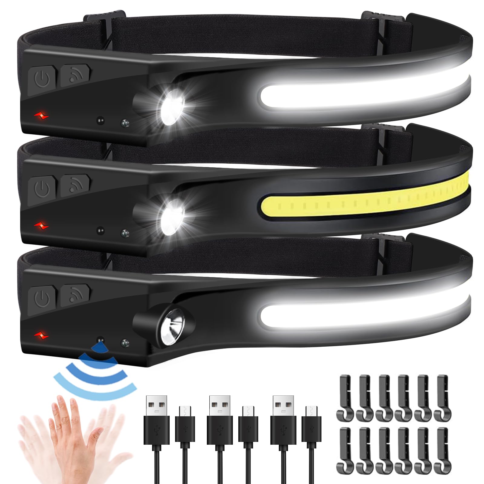 EGUKU Headlamp Rechargeable, 3Pack Rechargeable LED Headlamps 1200Lumens 2 COB 230°Wide Beam Headlight with Bright 5 Modes Lightweight Waterproof Head