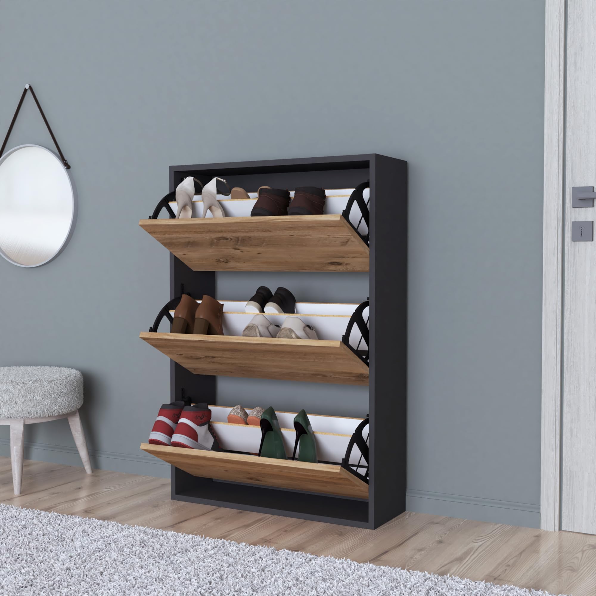 [en.casa] Aurskog szafka na buty uchylna na 18 par, komoda na buty z 3 uchylnymi drzwiami do wejścia, do korytarza, 110 x 73,5 x 24 cm, antracytowa/dąb