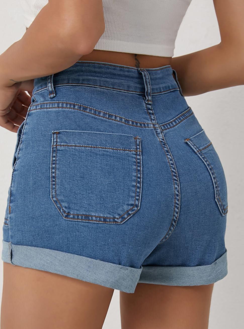 Women's High Waisted Stretchy Denim Shorts, Summer Button Rolled Hem Jean Shorts - Image 6