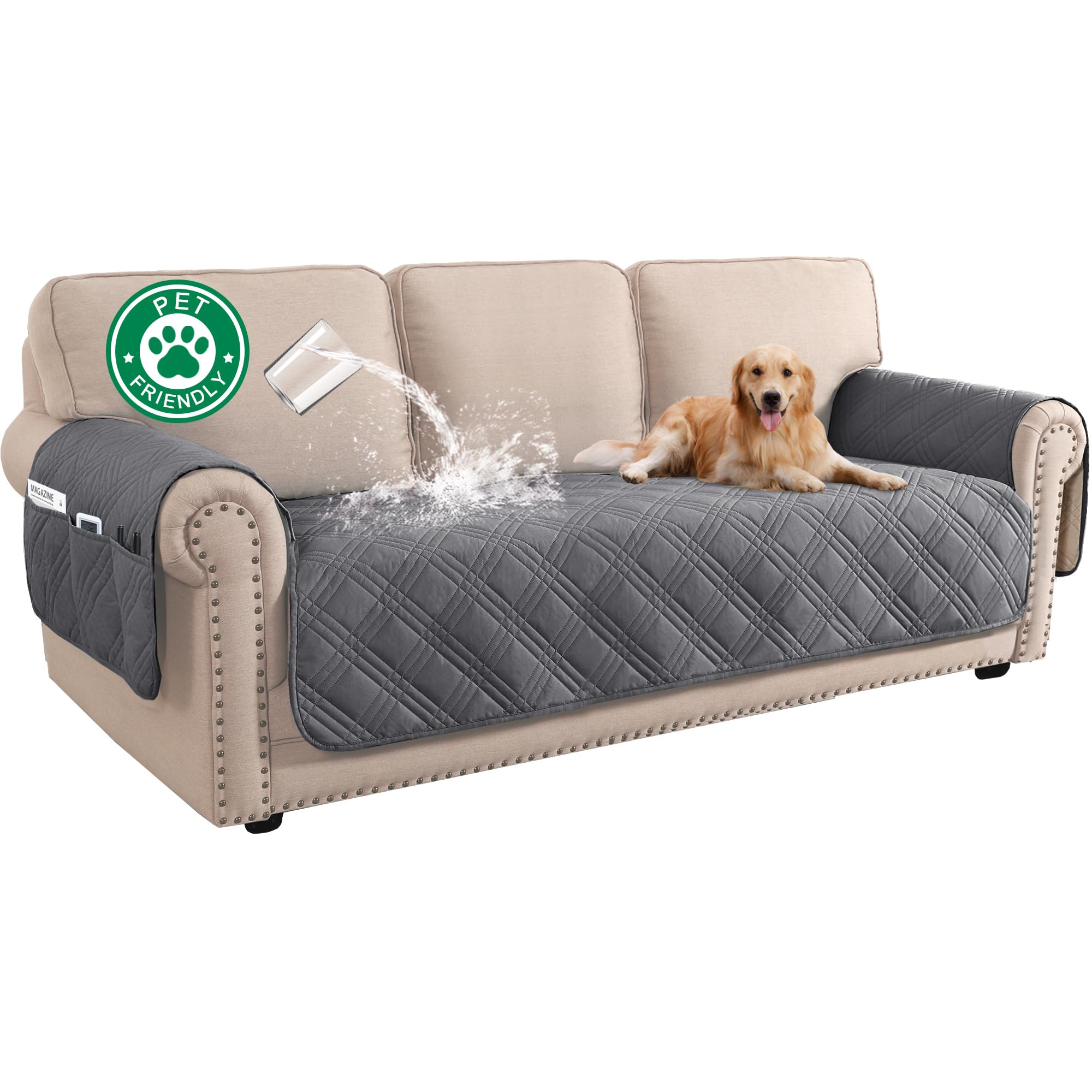 Turquoize Waterproof Couch Covers for Dogs Sofa Covers for 3 Cushion Couch Washable Sofa Seat Covers with Side Pocket Pet Couch Cover Protector Sofa Slipcovers(Sofa, Gray), Grey