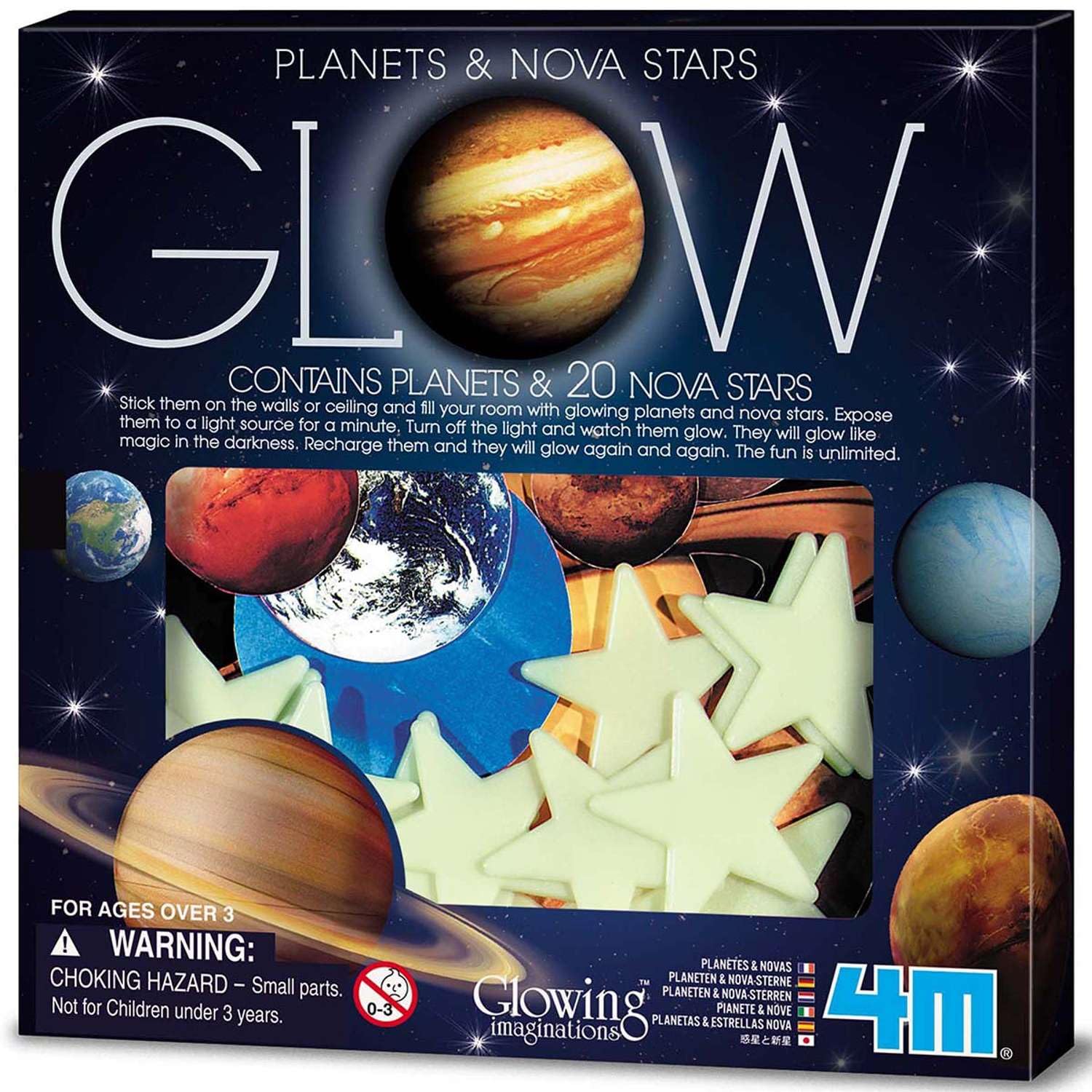 4M Glow-in-the-Dark Planets – 9-Piece Solar System Wall & Ceiling Decor Set – Educational Space-Themed Stickers for Kids Ages 3+ – Glowing Night Sky Fun