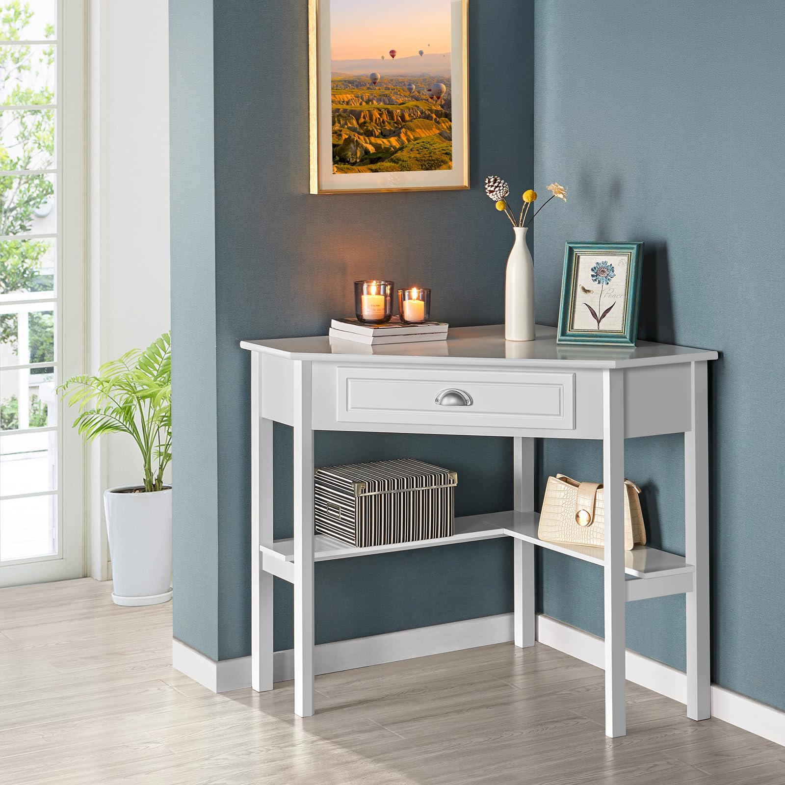 Yaheetech Scrivania Angolare per Computer Desktop Computer in Legno con Cassetto e Ripiano Portaoggetti per Postazione di Lavoro Elegante 106 × 71,5 × 76,5 cm Bianco