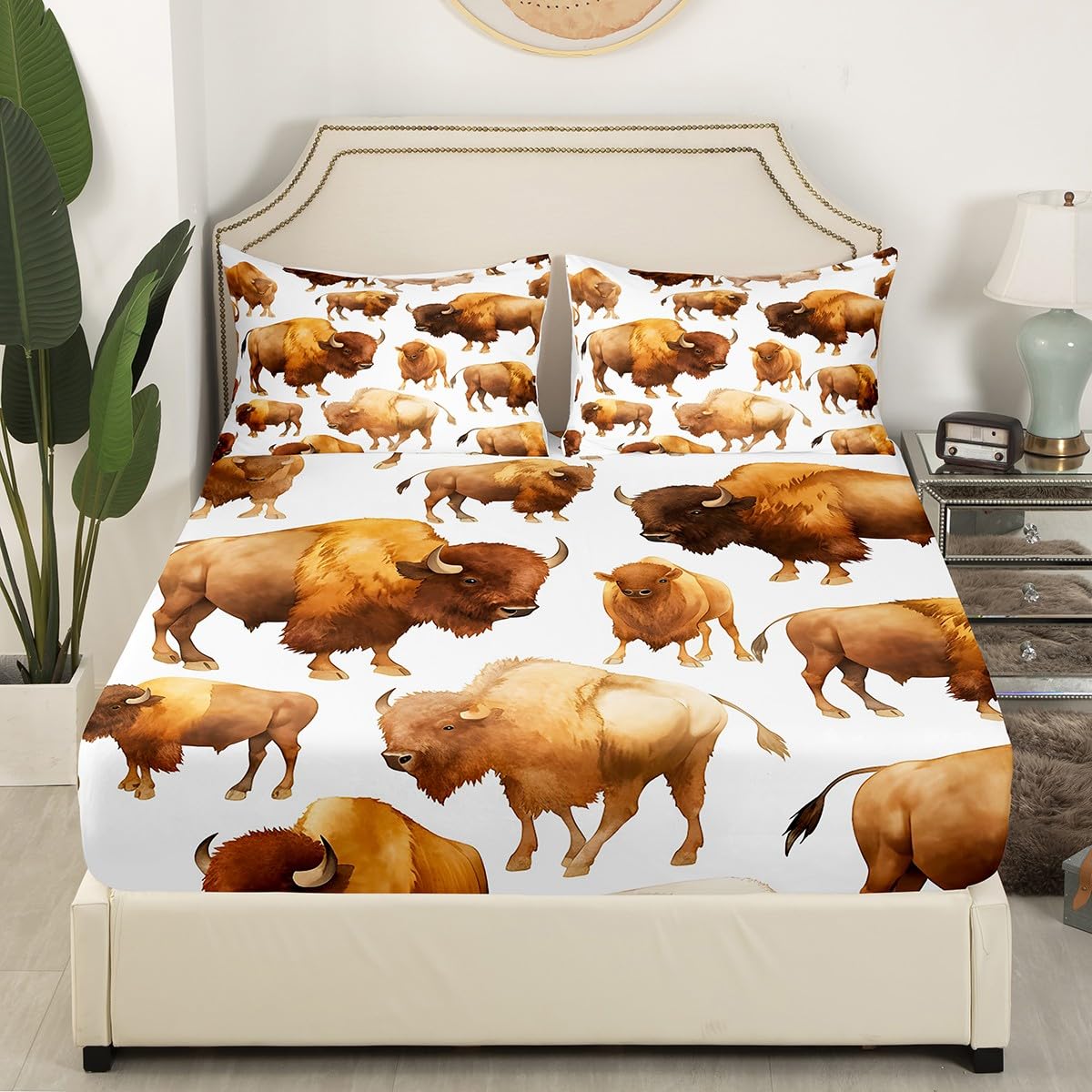 Homemissing Uroczy zestaw pościeli z bawołem King Size Wild American Bison prześcieradła z głęboką kieszenią dopasowane prześcieradło dla dorosłych 3D dzikie zwierzęta dzika przyroda stado zestaw
